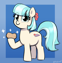 Size: 1808x1832 | Tagged: safe, artist:heretichesh, coco pommel, earth pony, pony, g4, cocobetes, cute, eye clipping through hair, female, food, hoof hold, mare, missing accessory, potato, smiling, solo, sparkles
