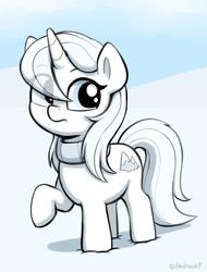 Size: 928x1222 | Tagged: safe, artist:heretichesh, oc, oc only, oc:whiteout, pony, unicorn, clothes, eye clipping through hair, female, filly, foal, raised hoof, scarf, snow, solo