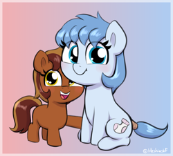 Size: 1084x982 | Tagged: safe, artist:heretichesh, oc, oc only, oc:garnet gold, oc:knee high, earth pony, pony, blushing, cute, female, filfil, filly, foal, gradient background, height difference, looking at you, ocbetes, signature, smiling, smiling at you