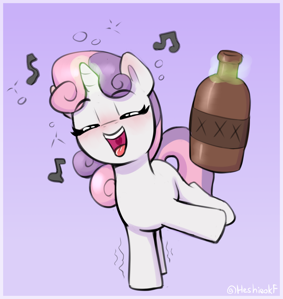 [alcohol,blushing,bottle,drink,drunk,eyes closed,female,filly,foal,g4,levitation,magic,music notes,open mouth,pony,safe,signature,singing,solo,sweetie belle,telekinesis,unicorn,artist:heretichesh,moonshine,underaged drinking,wobbling,gradient background,smiling,drunk bubbles,open smile,drunker belle,standing on two hooves,drunkie belle]