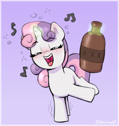 Size: 1356x1430 | Tagged: safe, artist:heretichesh, sweetie belle, pony, unicorn, g4, alcohol, blushing, bottle, drink, drunk, drunk bubbles, drunker belle, eyes closed, female, filly, foal, gradient background, levitation, magic, moonshine, music notes, open mouth, open smile, signature, singing, smiling, solo, standing on two hooves, telekinesis, underaged drinking, wobbling