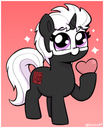 Size: 1524x1872 | Tagged: safe, artist:heretichesh, oc, oc only, oc:s.leech, pony, unicorn, bald face, big eyes, blaze (coat marking), coat markings, cute, facial markings, female, filly, foal, gradient background, heart, ocbetes, signature, smiling, solo, sparkles