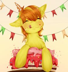 Size: 3300x3500 | Tagged: safe, artist:rafi, braeburn, earth pony, pony, g4, birthday, birthday cake, braebetes, cake, cute, eyes closed, food, hat, high res, male, party hat, smiling, solo, stallion, streamers, tongue out, two toned mane