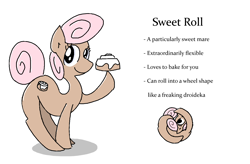 Size: 1400x920 | Tagged: safe, artist:purblehoers, oc, oc only, oc:sweet roll, earth pony, pony, balancing, cinnamon bun, female, flexible, food, frosting, looking at you, mare, ms paint, pastry, pink mane, raised hoof, reference sheet, simple background, smiling, smiling at you, solo, standing, star wars, text, wheel, white background
