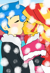 Size: 1140x1650 | Tagged: safe, artist:lirudraw, flash sentry, sunset shimmer, equestria girls, g4, blusing, christmas, female, holiday, kissing, male, ship:flashimmer, shipping, straight, winter