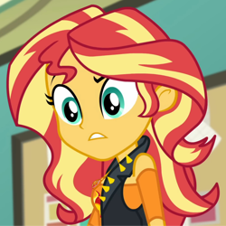Size: 1626x1627 | Tagged: safe, screencap, sunset shimmer, human, equestria girls, equestria girls specials, g4, my little pony equestria girls: better together, my little pony equestria girls: forgotten friendship, breasts, canterlot high, clothes, confused, cropped, cutie mark on clothes, eyebrows, frown, geode of empathy, jewelry, magical geodes, necklace, raised eyebrow, solo