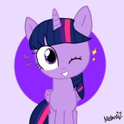 Size: 894x894 | Tagged: safe, artist:munyaz, twilight sparkle, alicorn, g4, one eye closed, purple background, simple background, twilight sparkle (alicorn), wink