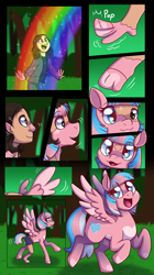 Size: 1988x3556 | Tagged: oc name needed, safe, artist:jitterbugjive, artist:sinligereep, oc, oc only, human, pegasus, pony, commission, female, high res, human to pony, male to female, mare, pegasus oc, pride, pride flag, rainbow, rule 63, transformation, transformation sequence, transgender pride flag, transgender transformation, ych result