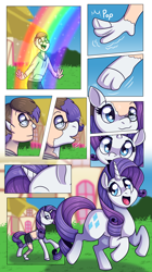 Size: 1988x3556 | Tagged: safe, artist:jitterbugjive, artist:sinligereep, rarity, human, pony, unicorn, g4, character to character, commission, female, high res, human to pony, male to female, mare, ponyville, rainbow, transformation, transformation sequence, transgender transformation, ych result