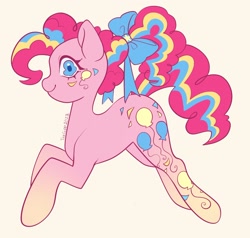 Size: 2048x1951 | Tagged: safe, artist:tea--cupp, pinkie pie, earth pony, pony, g4, bow, female, gradient hooves, hair bow, looking at you, mare, ponytail, profile, rainbow power, signature, simple background, smiling, smiling at you, solo, yellow background