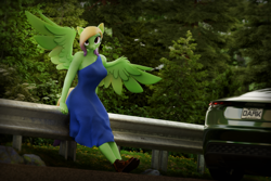 Size: 5000x3347 | Tagged: safe, artist:dark-fic, oc, oc only, oc:green screen, pegasus, anthro, 3d, blender, blender cycles, boots, car, clothes, dandelion, dress, female, forest, grass, leaning, nature, road, shoes, solo, tree