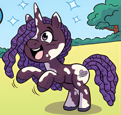 Size: 580x550 | Tagged: safe, artist:shauna j. grant, edit, idw, official comic, violette rainbow, pony, unicorn, g5, spoiler:comic, spoiler:g5comic, spoiler:g5comic14, cropped, cute, dreadlocks, female, filly, foal, hair over one eye, horn, open mouth, open smile, outdoors, rearing, smiling, solo, sparkles, tail, tree, unshorn fetlocks, upscaled, violettebetes, vitiligo