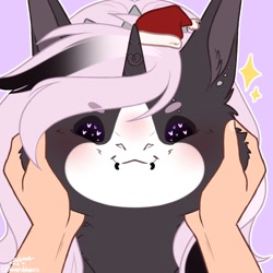 Size: 1000x1000 | Tagged: safe, artist:honeybbear, oc, oc only, oc:digit morose, unicorn, cheek squish, christmas, commission, female, goth, hand, hat, holiday, horn, pastel goth, piercing, santa hat, spiked headband, squishy cheeks, ych result