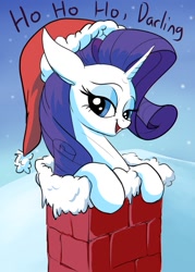 Size: 1000x1400 | Tagged: safe, artist:rocket-lawnchair, rarity, pony, unicorn, g4, bust, chimney, christmas, darling, female, floppy ears, hat, ho ho ho, holiday, lidded eyes, looking at you, mare, open mouth, open smile, outdoors, santa hat, smiling, smiling at you, snow, solo, sternocleidomastoid