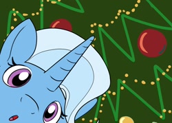 Size: 1400x1000 | Tagged: safe, artist:rocket-lawnchair, trixie, pony, unicorn, g4, bust, christmas, christmas ornament, christmas tree, close-up, decoration, female, holiday, looking at you, mare, solo, tree