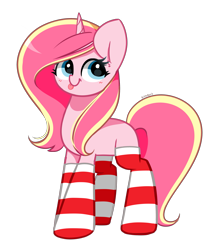 Size: 3513x4000 | Tagged: safe, artist:kittyrosie, oc, oc only, oc:rosa flame, pony, unicorn, christmas socks, clothes, high res, simple background, socks, striped socks, tongue out, transparent background
