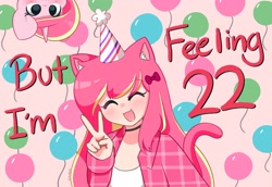 Size: 2048x1411 | Tagged: safe, artist:kittyrosie, oc, oc only, oc:rosa flame, human, unicorn, 22, balloon, choker, clothes, don't dead open inside, ear fluff, eyes closed, humanized, humanized oc, neko, open mouth, socks, song reference, striped socks, taylor swift, tongue out