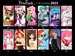 Size: 4096x3072 | Tagged: safe, alternate version, artist:kittyrosie, fluttershy, izzy moonbow, rainbow dash, sunset shimmer, oc, oc:rosa flame, eevee, human, pegasus, pony, sylveon, unicorn, anthro, dtiys emoflat, equestria girls, g4, g5, 2023, alternate hairstyle, anime, art summary, barbie, barbie (film), barbie mugshot meme, bare shoulders, beach, belly, blushing, bowtie, breasts, bunny ears, bunny suit, busty sunset shimmer, chest fluff, choker, clothes, commission, corset, cuffs (clothes), cute, dashabetes, draw this in your style, ear fluff, ear piercing, earring, female, food, grin, hatsune miku, heart, heart eyes, high res, hoodie, hoof hold, horn, ice cream, izzybetes, jewelry, leg hold, leotard, looking at you, mare, meme, mugshot, one eye closed, one wing out, open mouth, open smile, partially open wings, piercing, playboy bunny, pokémon, pumpkin, rouge the bat, shyabetes, simple background, sitting, skirt, sleeveless, smiling, smiling at you, socks, solo, sonic the hedgehog (series), spiked choker, stockings, strapless, tank top, thigh highs, tongue out, unshorn fetlocks, vocaloid, wall of tags, waving, white background, wingding eyes, wings, ych example, your character here
