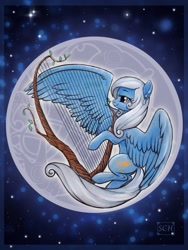 Size: 1620x2160 | Tagged: safe, artist:scheadar, oc, oc only, oc:sunset songbird, pegasus, pony, female, full moon, harp, jewelry, mare, moon, musical instrument, smiling, solo, wing hands, wings