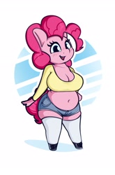 Size: 1753x2661 | Tagged: safe, artist:andelai, pinkie pie, earth pony, anthro, unguligrade anthro, g4, belly, belly button, big breasts, breasts, busty pinkie pie, chonk, chubby, cleavage, female, high res, solo