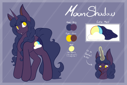Size: 2048x1365 | Tagged: safe, artist:mscolorsplash, oc, oc only, oc:moon shadow, pony, unicorn, blood, concave belly, female, glowing, glowing horn, horn, mare, no pupils, purple background, reference sheet, simple background, smiling, solo