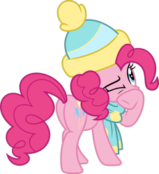 Size: 8838x9677 | Tagged: safe, artist:starryshineviolet, pinkie pie, earth pony, pony, g4, my little pony best gift ever, absurd resolution, beanie, butt, clothes, eyebrows, female, hat, mare, plot, raised eyebrow, raised hoof, scarf, simple background, solo, transparent background, vector, winter outfit