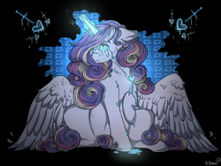 Size: 1280x960 | Tagged: safe, artist:binibean, princess cadance, alicorn, pony, g4, black background, blue sclera, colored sclera, crying, cyan sclera, ears back, female, floppy ears, frown, glowing, glowing horn, heart, heart eyes, heartbreak, horn, looking at you, magic, magic aura, mare, missing accessory, partially open wings, simple background, sitting, solo, sword, weapon, wingding eyes, wings