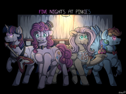 Size: 1280x960 | Tagged: safe, artist:binibean, fluttershy, pinkie pie, rainbow dash, twilight sparkle, alicorn, earth pony, pegasus, pony, g4, animatronic, bib, bowtie, cupcake, electric guitar, female, five nights at freddy's, five nights at pinkie's, food, glowing, glowing eyes, guitar, hat, mare, musical instrument, top hat