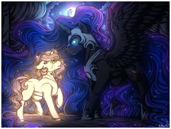 Size: 1280x960 | Tagged: safe, artist:binibean, nightmare moon, princess celestia, alicorn, pony, unicorn, g4, bad end, crying, duo, female, filly, filly celestia, floppy ears, foal, frown, glowing, glowing eyes, looking at each other, looking at someone, mare, mare in the moon, moon, phantom, race swap, spread wings, story included, unicorn celestia, wings, younger