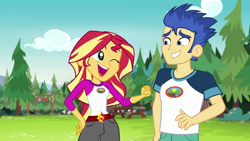 Size: 1280x720 | Tagged: safe, screencap, flash sentry, sunset shimmer, equestria girls, g4, my little pony equestria girls: legend of everfree, camp everfree, camp everfree outfits, female, male, one eye closed, pine tree, punch, ship:flashimmer, shipping, straight, tree, wink