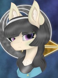 Size: 2766x3686 | Tagged: safe, artist:sodapop sprays, oc, oc only, oc:t'trot, earth pony, pony, blushing, bust, chest fluff, combadge, ear fluff, high res, looking at you, solo, star trek, star trek (tos), vulcan
