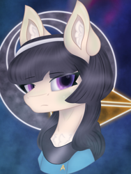 Size: 2766x3688 | Tagged: safe, artist:sodapop sprays, oc, oc only, earth pony, pony, chest fluff, combadge, ear fluff, high res, insignia, looking at you, oc't'trot, simple background, solo, star trek, star trek (tos), vulcan