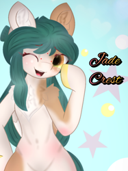 Size: 1642x2190 | Tagged: safe, artist:sodapop sprays, oc, oc only, oc:jade crest, pegasus, pony, semi-anthro, arm hooves, belly, belly button, chest fluff, ear fluff, female, freckles, looking at you, mare, smiling, smiling at you