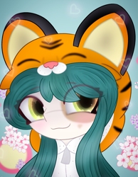 Size: 2605x3349 | Tagged: safe, artist:sodapop sprays, oc, oc:jade crest, big cat, pegasus, pony, tiger, chest fluff, clothes, ear fluff, freckles, happy, high res, hoodie, simple background, solo