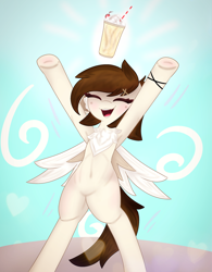 Size: 4096x5264 | Tagged: safe, artist:sodapop sprays, oc, oc:killjoy, pegasus, pony, semi-anthro, arm hooves, armpits, belly, belly button, chest fluff, drink, ear fluff, female, freckles, mare, milkshake, solo