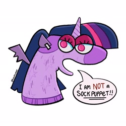 Size: 2048x2048 | Tagged: safe, artist:falloutfurret, twilight sparkle, alicorn, g4, dialogue, high res, looking at you, simple background, sock puppet, solo, speech bubble, talking to viewer, twilight sparkle (alicorn), white background