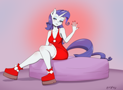 Size: 1200x880 | Tagged: safe, artist:empyu, rarity, unicorn, anthro, plantigrade anthro, g4, breasts, christmas, cleavage, clothes, dress, female, holiday, horn, human facial structure, sitting, solo