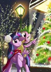 Size: 2480x3508 | Tagged: safe, artist:neoshrek, spike, twilight sparkle, dragon, pony, unicorn, g4, christmas, christmas tree, clothes, cute, dragons riding ponies, duo, earmuffs, female, happy, high res, holiday, lamppost, looking at something, male, mare, night, open mouth, open smile, raised leg, riding, scarf, smiling, snow, snowfall, snowflake, spikabetes, spike riding twilight, tree, unicorn twilight