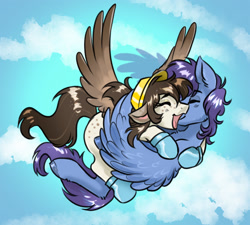 Size: 2100x1886 | Tagged: safe, artist:opalacorn, oc, oc only, oc:autumn plash, oc:silver lightning, pegasus, pony, commission, duo, duo male and female, eyes closed, female, floppy ears, flying, hug, male, mare, oc x oc, open mouth, open smile, shipping, sky background, smiling, spread wings, stallion, straight, wings