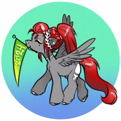 Size: 2579x2591 | Tagged: safe, artist:opalacorn, oc, oc only, oc:void, pegasus, pony, eyes closed, female, flag, high res, laurel wreath, mare, mole, mouth hold, new year, nose piercing, nose ring, piercing, simple background, solo, spread wings, walking, white background, wings