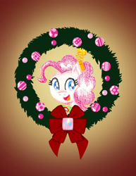 Size: 2550x3300 | Tagged: safe, artist:flutterluv, part of a set, pinkie pie, earth pony, pony, g4, bust, christmas, christmas wreath, gradient background, high res, holiday, portrait, smiling, solo, wreath