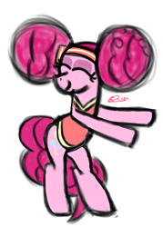 Size: 2707x3779 | Tagged: safe, artist:psychotix, derpibooru exclusive, pinkie pie, earth pony, pony, g4, afro, balloonbutt, bipedal, buckball, buckball uniform, butt, clothes, dancing, eyes closed, eyeshadow, happy, headband, high res, makeup, paint tool sai, pinkie being pinkie, pinktails pie, signature, simple background, smiling, solo, uniform, white background