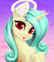 Size: 2450x2800 | Tagged: safe, artist:inowiseei, oc, oc only, oc:seven sister, pony, unicorn, :p, chest fluff, ear fluff, female, halo, high res, horn, looking at you, mare, smiling, smiling at you, solo, tongue out, unicorn oc