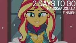 Size: 1920x1080 | Tagged: safe, edit, edited screencap, editor:quoterific, screencap, sunset shimmer, blizzard or bust, equestria girls, equestria girls specials, g4, my little pony equestria girls: better together, my little pony equestria girls: holidays unwrapped, finnish, snow, snowfall, snowflake, solo