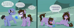 Size: 5000x1914 | Tagged: safe, artist:mentalcrash, oc, oc only, oc:honey forest, earth pony, pony, bald, crazy face, dialogue, faic, glasses, high res, insanity, laughing, mouth hold, poison joke, speech bubble, transformation, twinning