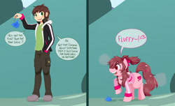 Size: 5000x3042 | Tagged: safe, artist:mentalcrash, oc, oc only, earth pony, human, pony, clothes, dialogue, female, heart, heart eyes, high res, human male, human to pony, male, male to female, mare, open mouth, poison joke, rule 63, speech bubble, teeth, transformation, transgender transformation, wingding eyes
