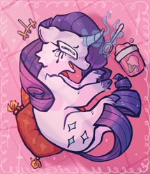 Size: 512x594 | Tagged: safe, artist:kuakkit, rarity, pony, unicorn, g4, cloven hooves, crying, curled up, curved horn, female, food, horn, ice cream, lying down, magic, makeup, mare, pillow, running makeup, solo, spoon, telekinesis, unshorn fetlocks