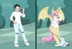 Size: 5000x3415 | Tagged: safe, artist:mentalcrash, fluttershy, bat pony, human, anthro, unguligrade anthro, g4, absurd resolution, apple, bat ponified, blushing, character to character, clothes, converse, dialogue, female, flutterbat, food, glasses, hissing, human to anthro, male to female, oversized clothes, poison joke, race swap, shoes, speech bubble, transformation, transgender transformation