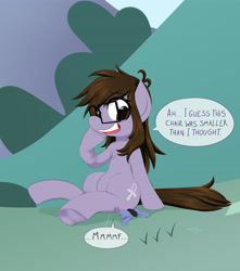 Size: 3650x4134 | Tagged: safe, artist:mentalcrash, oc, oc only, oc:honey forest, earth pony, pony, dialogue, female, glasses, grin, high res, macro, mare, sitting, sitting on person, sitting on pony, smiling, speech bubble