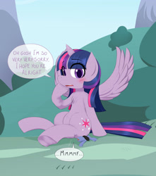 Size: 3650x4134 | Tagged: safe, artist:mentalcrash, twilight sparkle, oc, alicorn, pony, g4, blushing, dialogue, eye clipping through hair, female, grin, high res, macro, mare, sitting, sitting on person, sitting on pony, smiling, speech bubble, spread wings, twilight sparkle (alicorn), wings, worried